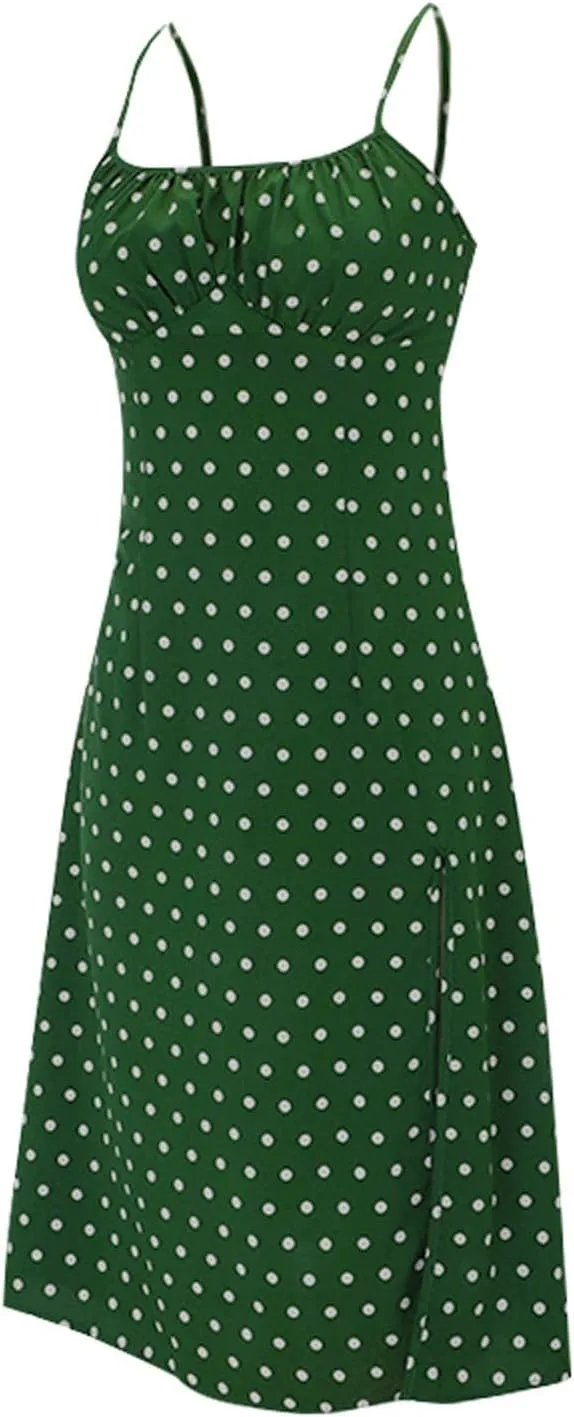 Spaghetti Strap Dresses for Women 2025 Polka Dot Midi Frock Sleeveless Slit Summer Sundress Beach Vacation Dress