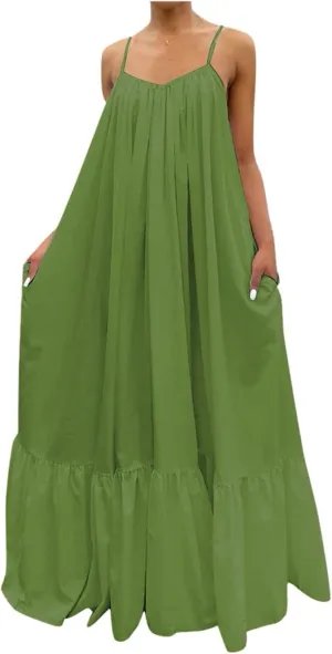 Spaghetti Strap Dresses for Women Plus Size Sleeveless Summer Casual Flowy Dress Ruffle Hem Swing Midi Sundress