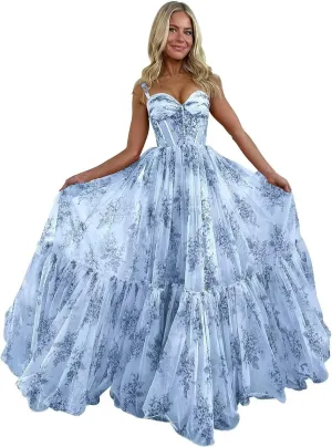 Spaghetti Strap Long Floral Prom Dress Ball Gown Sweetheart Chiffon Corset Print Formal Evening Dress for Women
