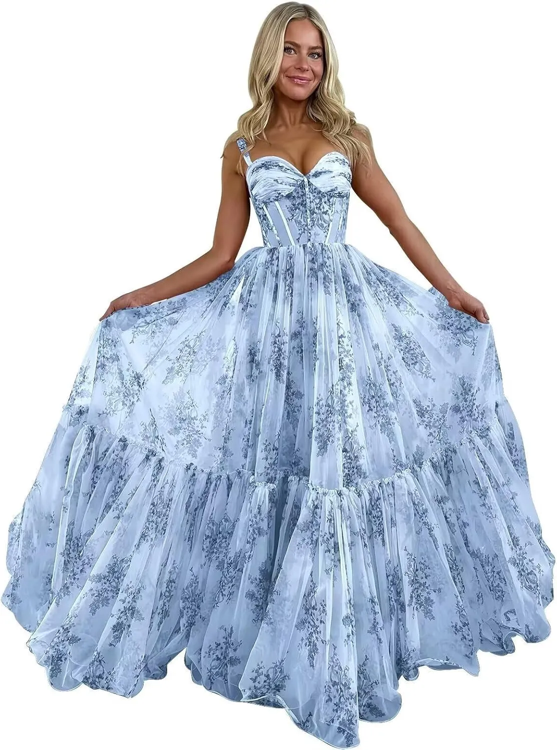 Spaghetti Strap Long Floral Prom Dress Ball Gown Sweetheart Chiffon Corset Print Formal Evening Dress for Women
