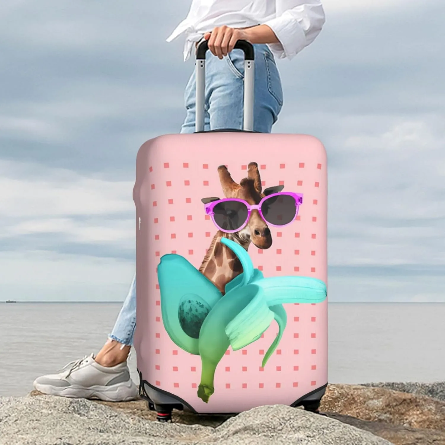 Spandex Travel Luggage Cover,Double-Sided Printed Funny Giraffe With Sunglasses On Banana Elastic Washable Stretch Suitcase Protector Anti-Scratch Suitcase Cover Fits 18-32 Inch Luggage For Kid And Adult,S (For 18-21 Inch Luggage)