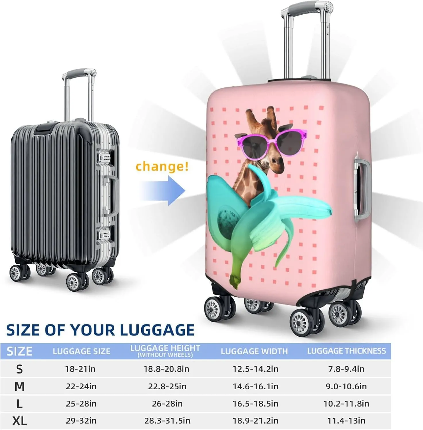 Spandex Travel Luggage Cover,Double-Sided Printed Funny Giraffe With Sunglasses On Banana Elastic Washable Stretch Suitcase Protector Anti-Scratch Suitcase Cover Fits 18-32 Inch Luggage For Kid And Adult,S (For 18-21 Inch Luggage)