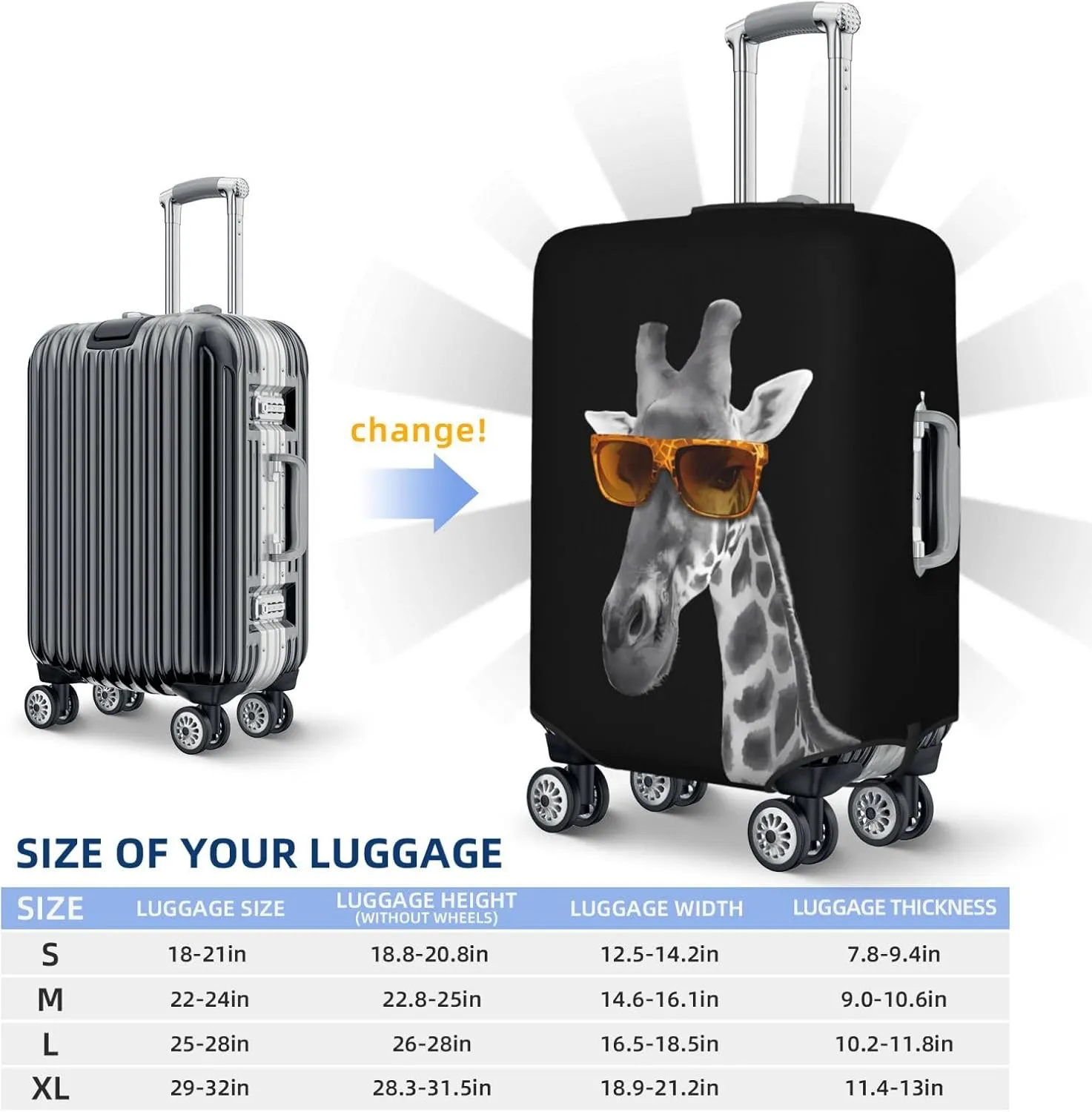 Spandex Travel Luggage Cover,Double-Sided Printed Funny Giraffe With Sunglasses On Black Elastic Washable Stretch Suitcase Protector Anti-Scratch Suitcase Cover Fits 18-32 Inch Luggage For Kid And Adult,S (For 18-21 Inch Luggage)