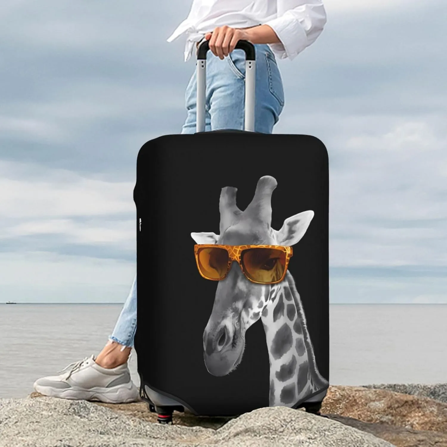 Spandex Travel Luggage Cover,Double-Sided Printed Funny Giraffe With Sunglasses On Black Elastic Washable Stretch Suitcase Protector Anti-Scratch Suitcase Cover Fits 18-32 Inch Luggage For Kid And Adult,S (For 18-21 Inch Luggage)
