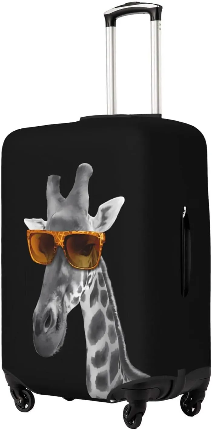 Spandex Travel Luggage Cover,Double-Sided Printed Funny Giraffe With Sunglasses On Black Elastic Washable Stretch Suitcase Protector Anti-Scratch Suitcase Cover Fits 18-32 Inch Luggage For Kid And Adult,S (For 18-21 Inch Luggage)