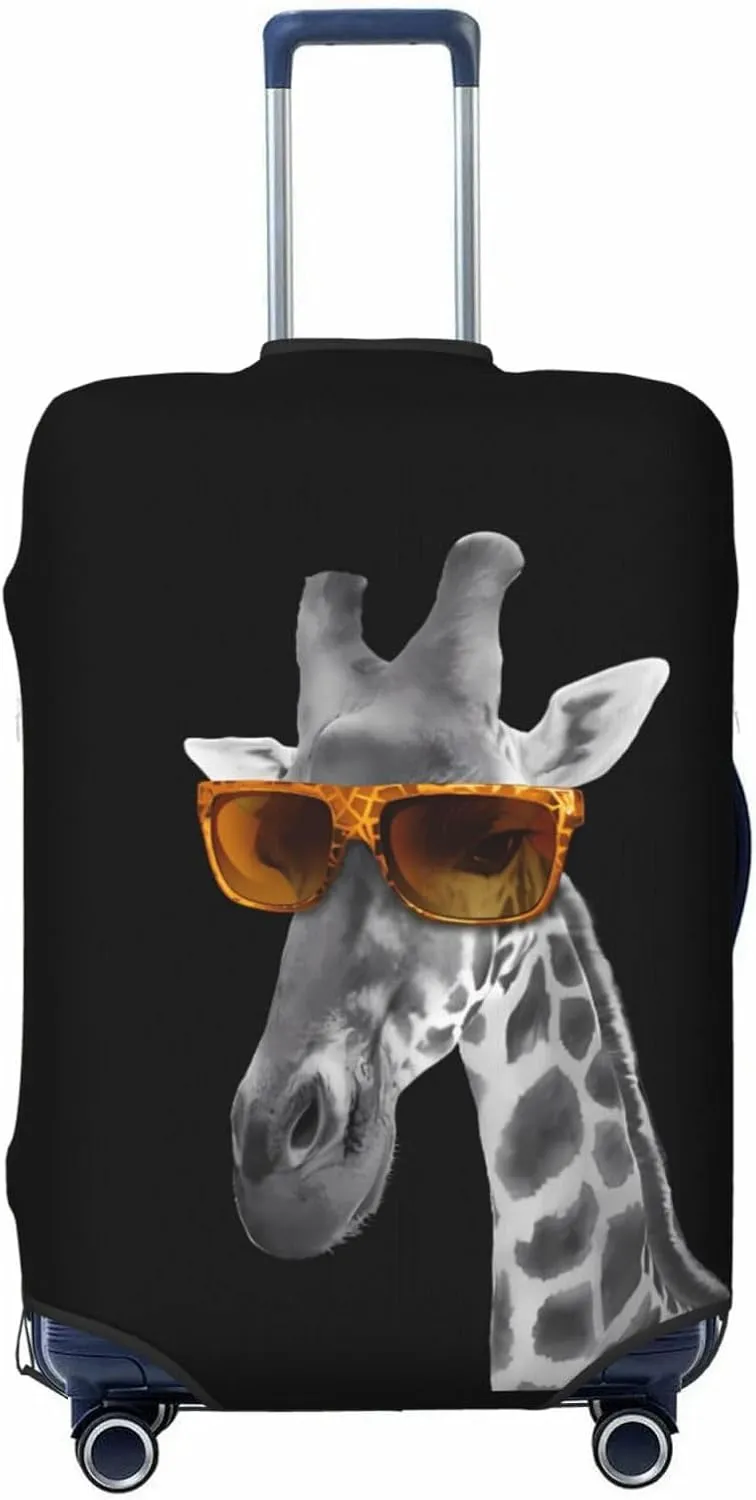 Spandex Travel Luggage Cover,Double-Sided Printed Funny Giraffe With Sunglasses On Black Elastic Washable Stretch Suitcase Protector Anti-Scratch Suitcase Cover Fits 18-32 Inch Luggage For Kid And Adult,S (For 18-21 Inch Luggage)