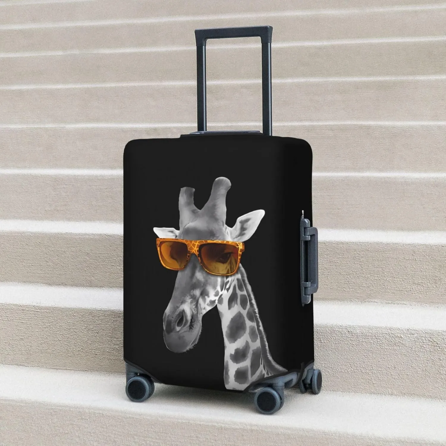 Spandex Travel Luggage Cover,Double-Sided Printed Funny Giraffe With Sunglasses On Black Elastic Washable Stretch Suitcase Protector Anti-Scratch Suitcase Cover Fits 18-32 Inch Luggage For Kid And Adult,S (For 18-21 Inch Luggage)