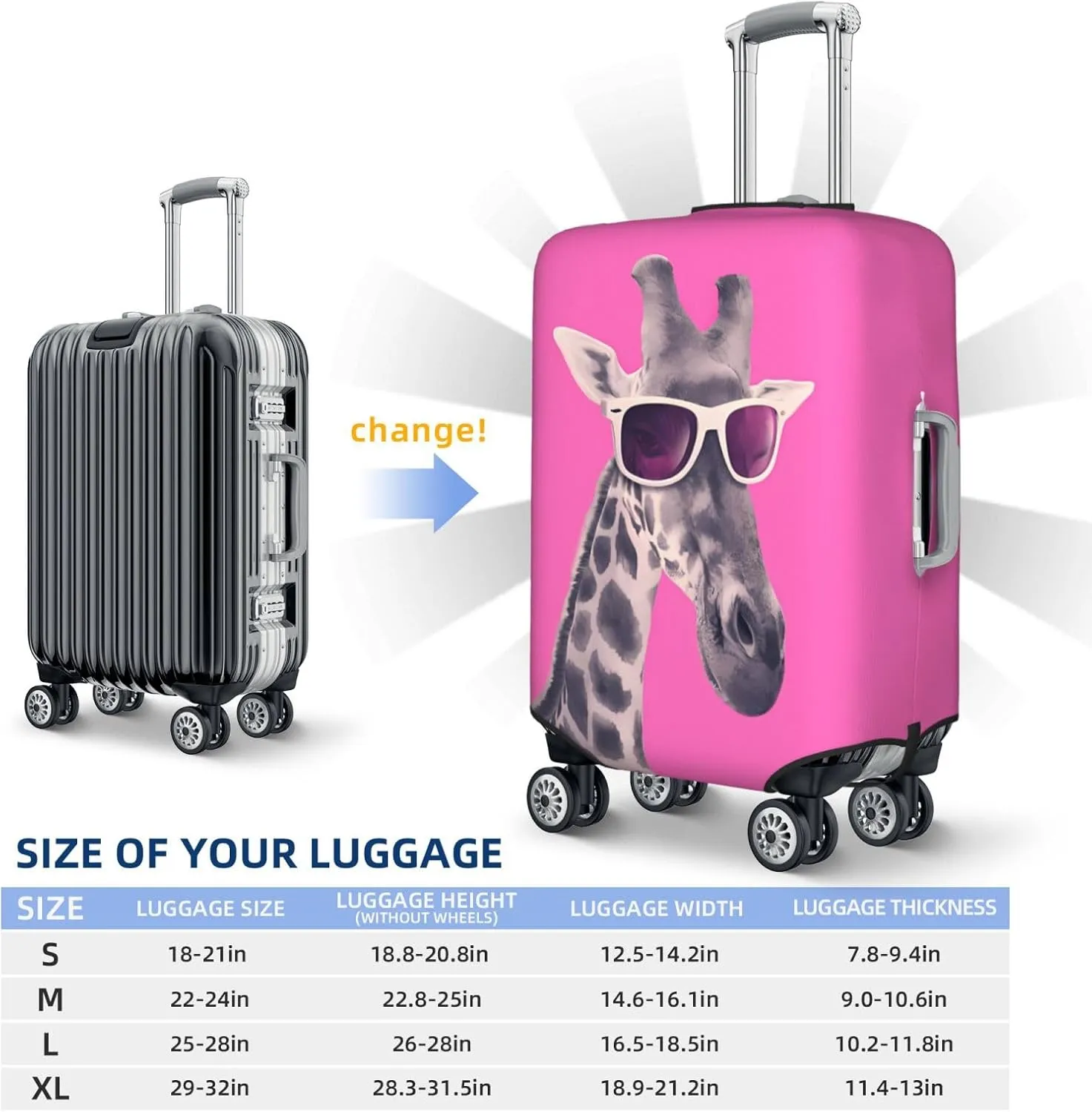 Spandex Travel Luggage Cover,Double-Sided Printed Funny Giraffe With Sunglasses On Pink Elastic Washable Stretch Suitcase Protector Anti-Scratch Suitcase Cover Fits 18-32 Inch Luggage For Kid And Adult,S (For 18-21 Inch Luggage)
