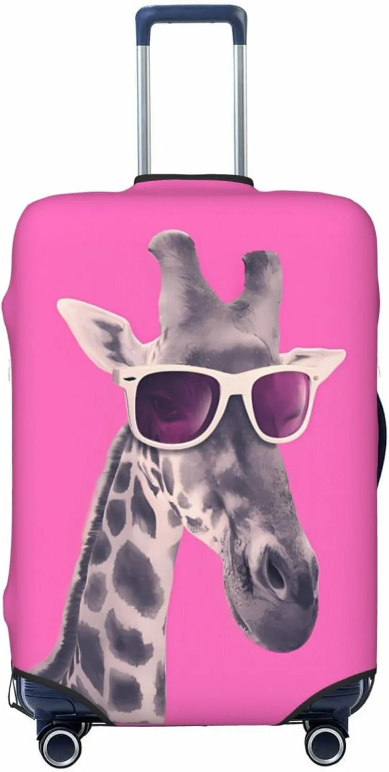 Spandex Travel Luggage Cover,Double-Sided Printed Funny Giraffe With Sunglasses On Pink Elastic Washable Stretch Suitcase Protector Anti-Scratch Suitcase Cover Fits 18-32 Inch Luggage For Kid And Adult,S (For 18-21 Inch Luggage)