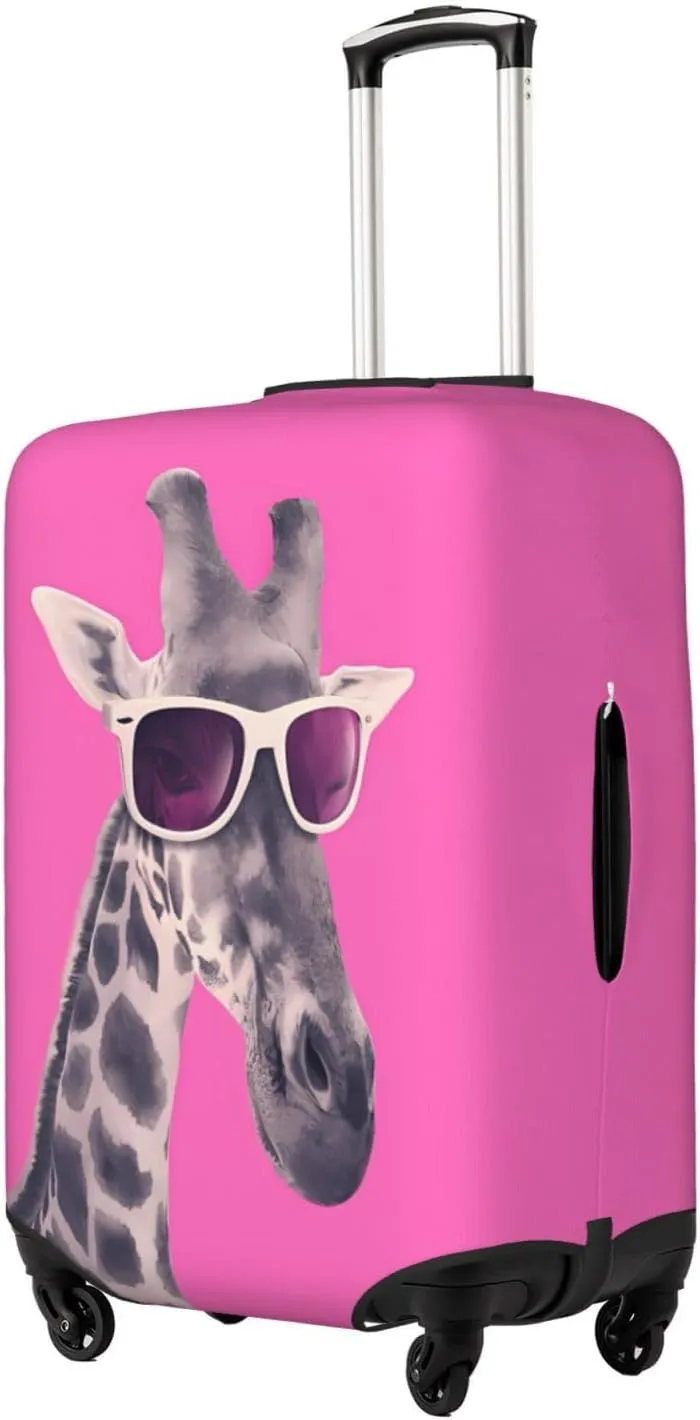 Spandex Travel Luggage Cover,Double-Sided Printed Funny Giraffe With Sunglasses On Pink Elastic Washable Stretch Suitcase Protector Anti-Scratch Suitcase Cover Fits 18-32 Inch Luggage For Kid And Adult,S (For 18-21 Inch Luggage)