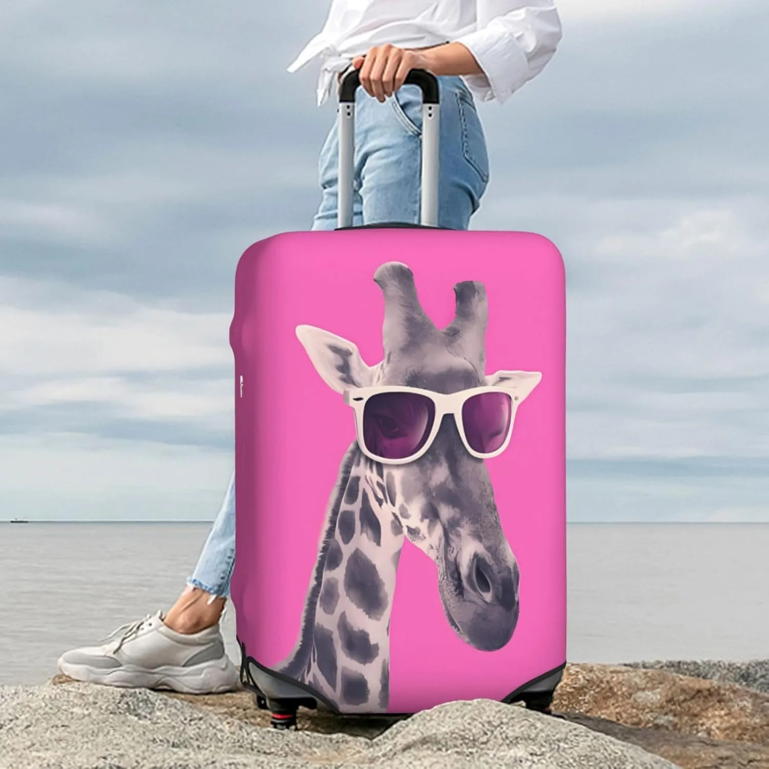 Spandex Travel Luggage Cover,Double-Sided Printed Funny Giraffe With Sunglasses On Pink Elastic Washable Stretch Suitcase Protector Anti-Scratch Suitcase Cover Fits 18-32 Inch Luggage For Kid And Adult,S (For 18-21 Inch Luggage)