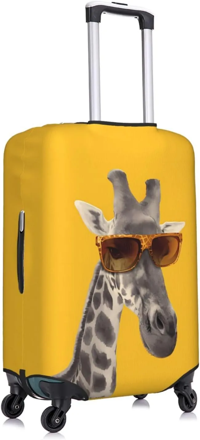 Spandex Travel Luggage Cover,Double-Sided Printed Funny Giraffe With Sunglasses On Yellow Elastic Washable Stretch Suitcase Protector Anti-Scratch Suitcase Cover Fits 18-32 Inch Luggage For Kid And Adult,S (For 18-21 Inch Luggage)