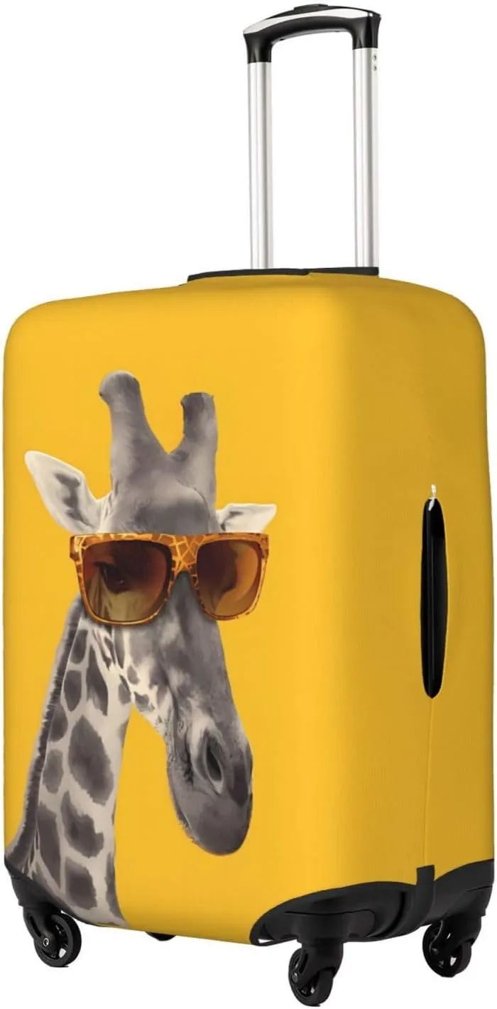 Spandex Travel Luggage Cover,Double-Sided Printed Funny Giraffe With Sunglasses On Yellow Elastic Washable Stretch Suitcase Protector Anti-Scratch Suitcase Cover Fits 18-32 Inch Luggage For Kid And Adult,S (For 18-21 Inch Luggage)