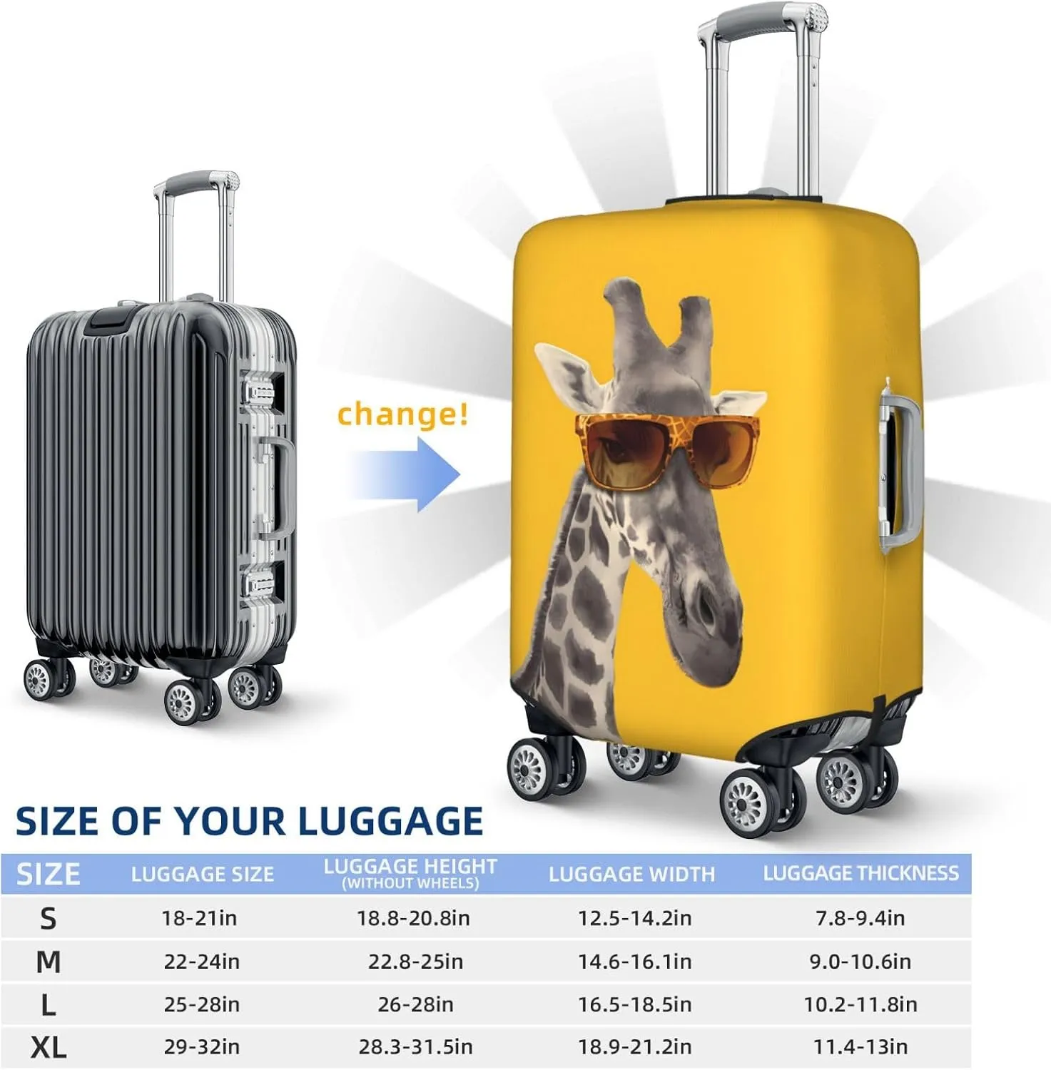Spandex Travel Luggage Cover,Double-Sided Printed Funny Giraffe With Sunglasses On Yellow Elastic Washable Stretch Suitcase Protector Anti-Scratch Suitcase Cover Fits 18-32 Inch Luggage For Kid And Adult,S (For 18-21 Inch Luggage)