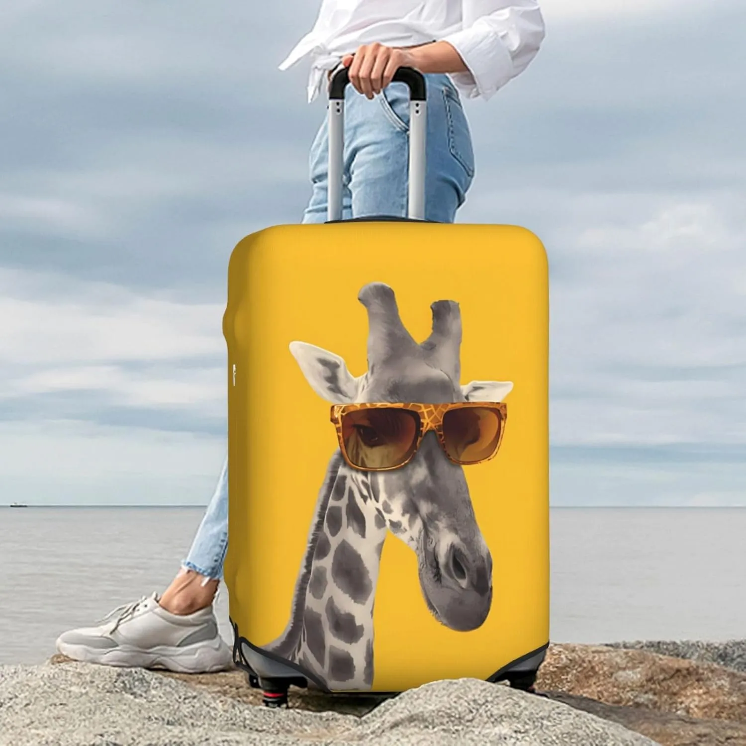Spandex Travel Luggage Cover,Double-Sided Printed Funny Giraffe With Sunglasses On Yellow Elastic Washable Stretch Suitcase Protector Anti-Scratch Suitcase Cover Fits 18-32 Inch Luggage For Kid And Adult,S (For 18-21 Inch Luggage)