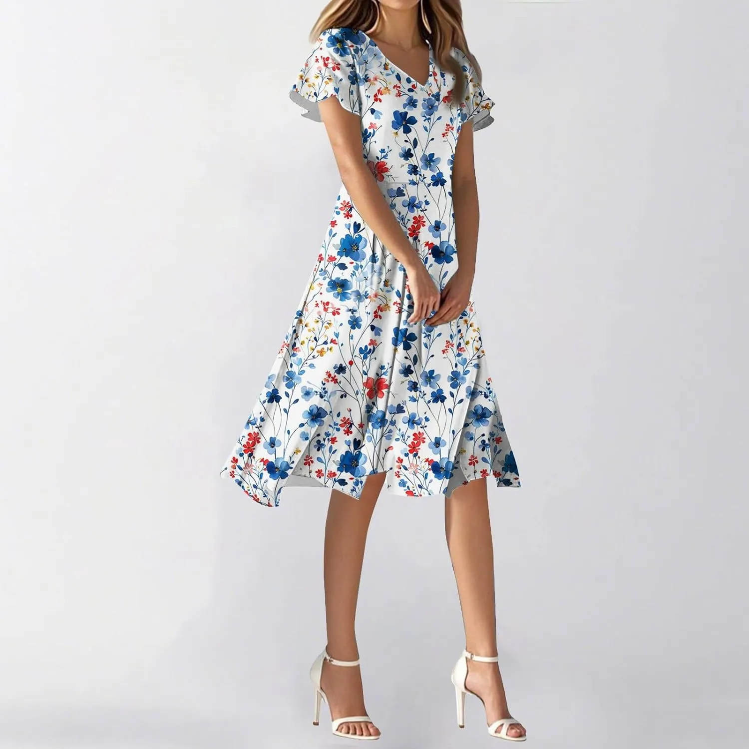 Spring Summer Dresses for Womencasualflowyelegant Wedding Dress Ruffle Short Sleeve Floral Dresses Midi Chiffon Dress