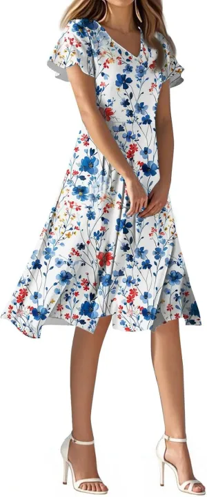Spring Summer Dresses for Womencasualflowyelegant Wedding Dress Ruffle Short Sleeve Floral Dresses Midi Chiffon Dress