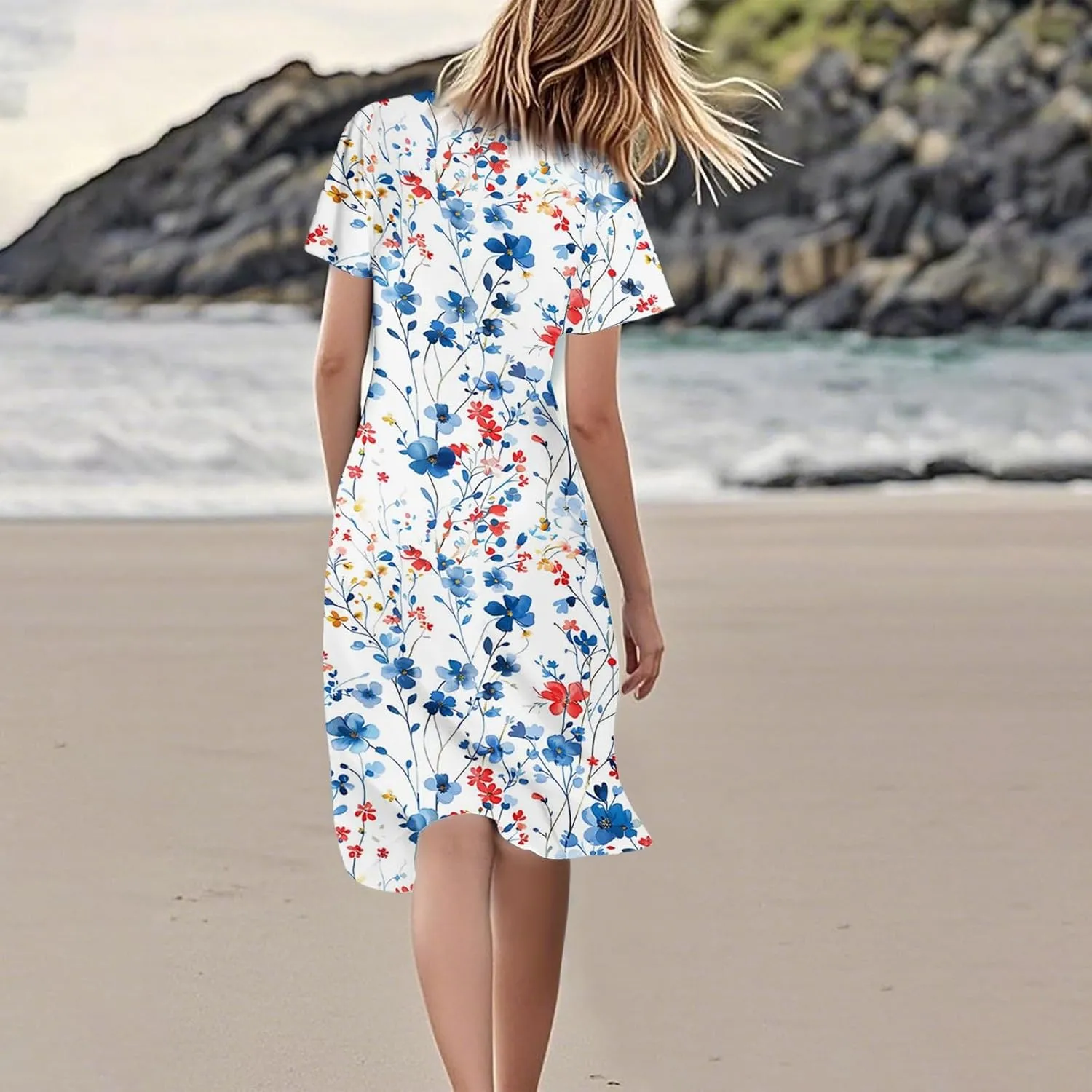 Spring Summer Dresses for Womencasualflowyelegant Wedding Dress Ruffle Short Sleeve Floral Dresses Midi Chiffon Dress