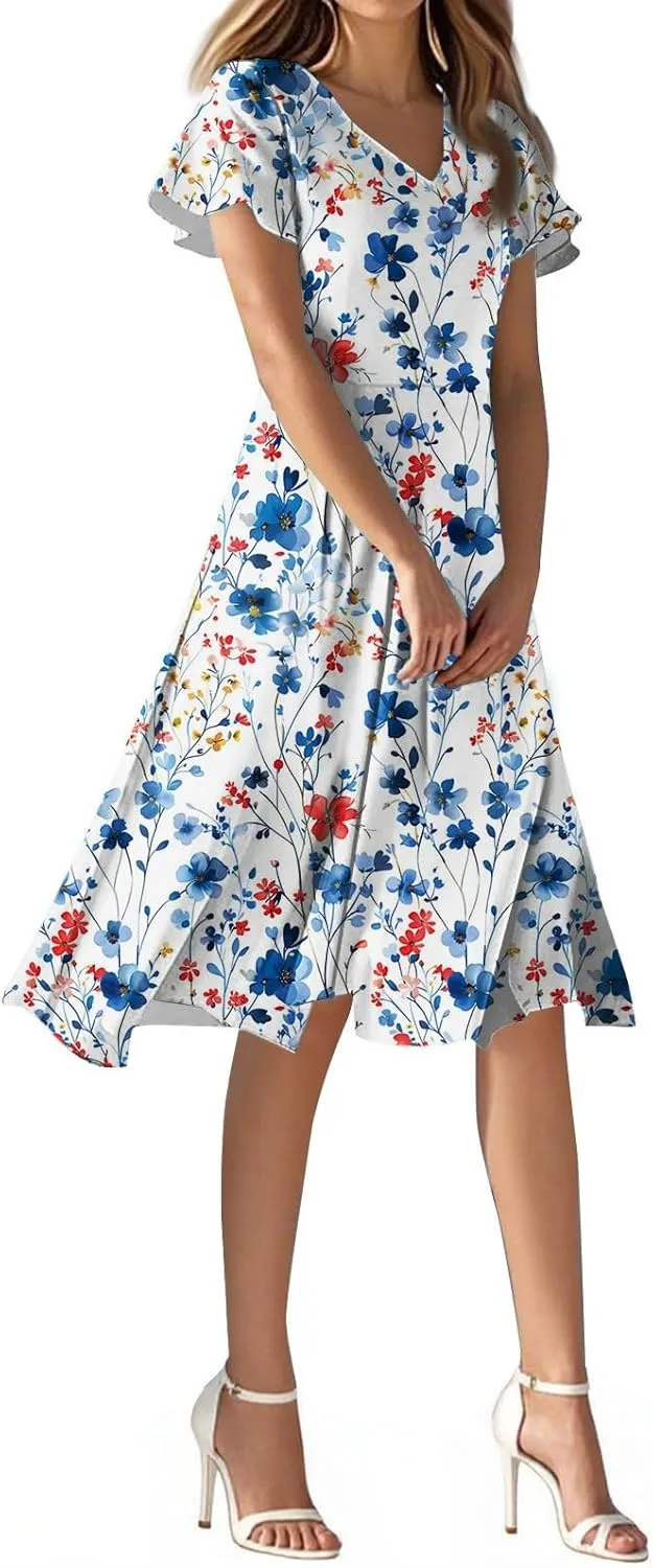 Spring Summer Dresses for Womencasualflowyelegant Wedding Dress Ruffle Short Sleeve Floral Dresses Midi Chiffon Dress