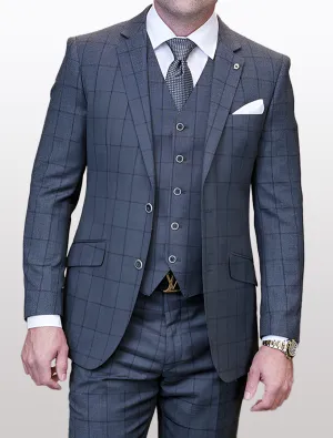 Statement Men's Charcoal Windowpane Modern Fit Vested Suit