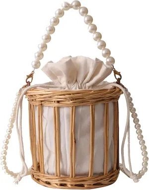 Straw Handbag Pearl Handle Handwoven Hollow Bucket Bag Satchel Crossbody Wristlet Shoulder Bag