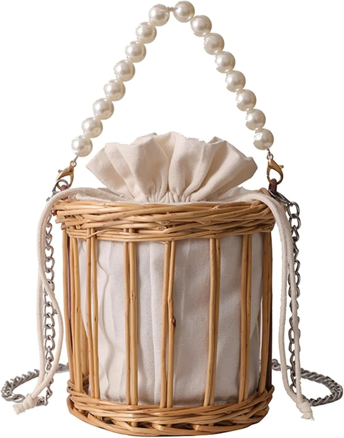 Straw Handbag Pearl Handle Handwoven Hollow Bucket Bag Satchel Crossbody Wristlet Shoulder Bag