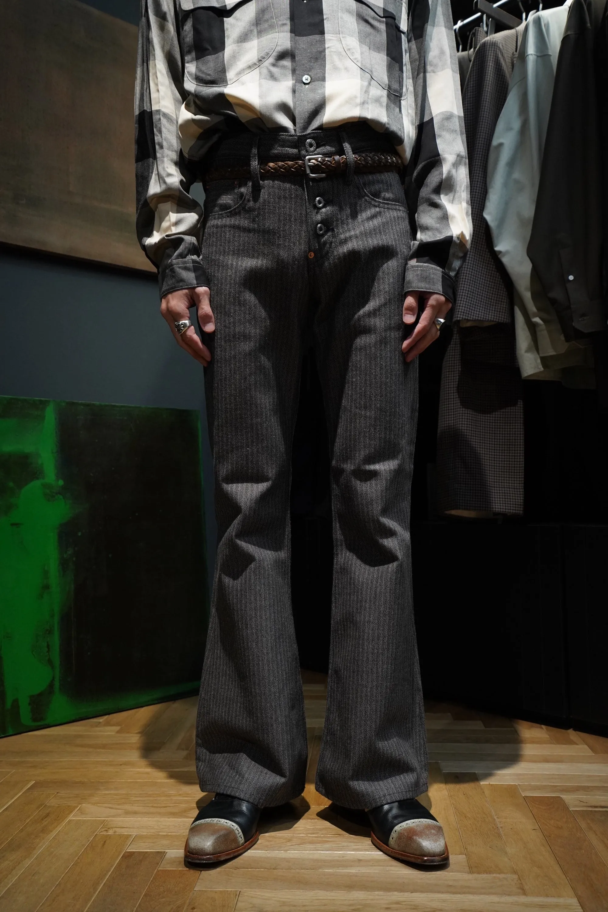 SUGARHILL HERRINGBONE BELL BOTTOM DENIM PANTS (GRAY HERRINGBONE)