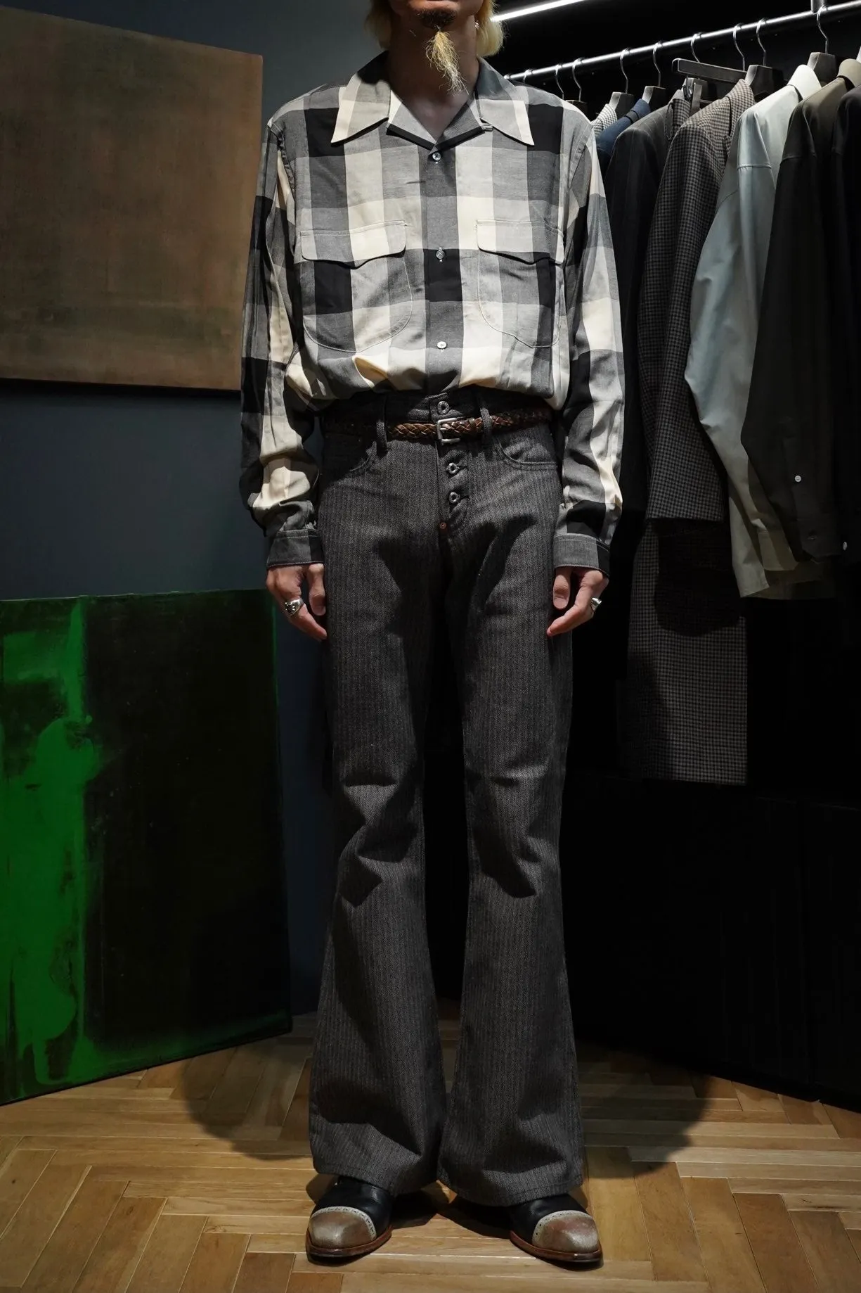SUGARHILL HERRINGBONE BELL BOTTOM DENIM PANTS (GRAY HERRINGBONE)