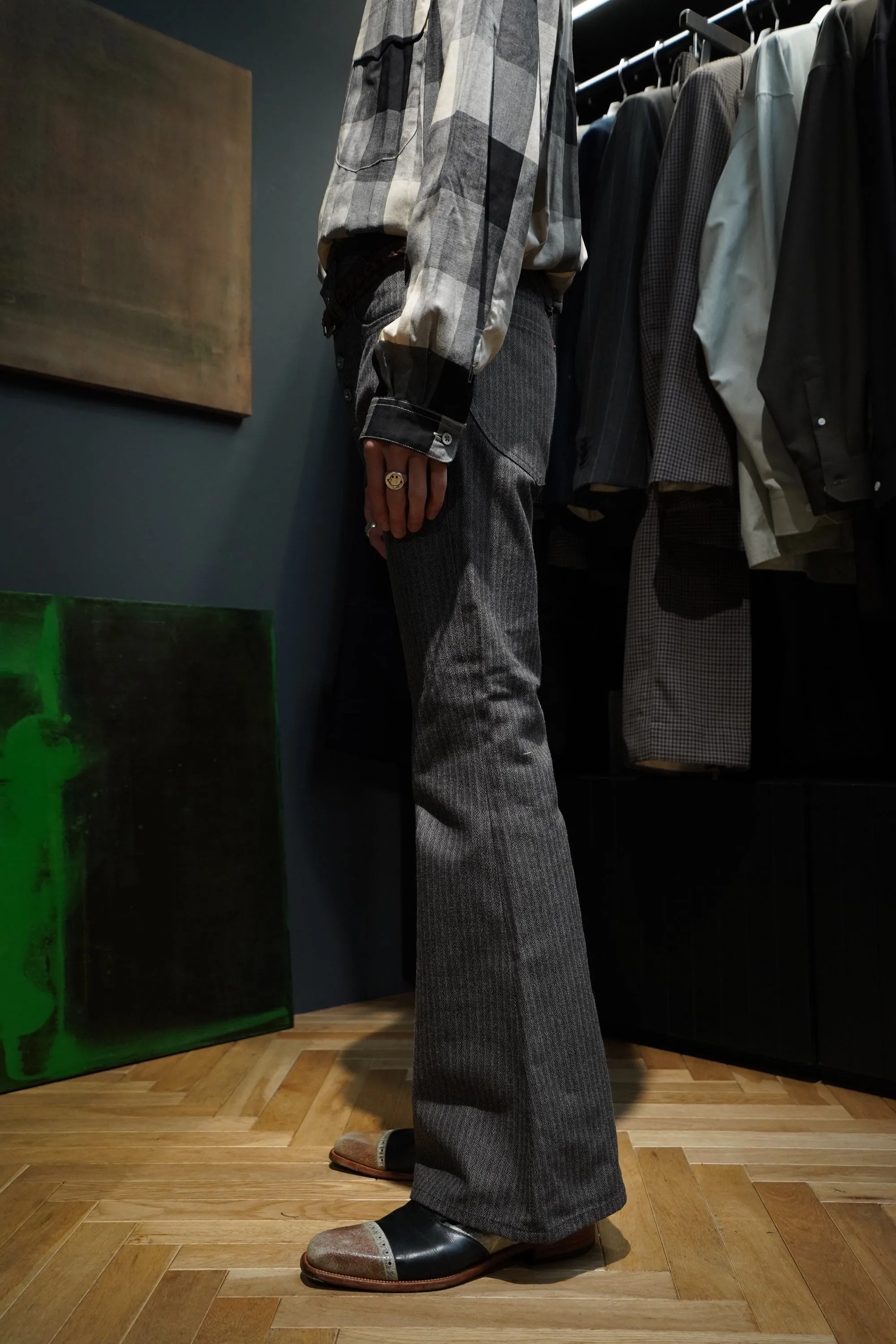 SUGARHILL HERRINGBONE BELL BOTTOM DENIM PANTS (GRAY HERRINGBONE)