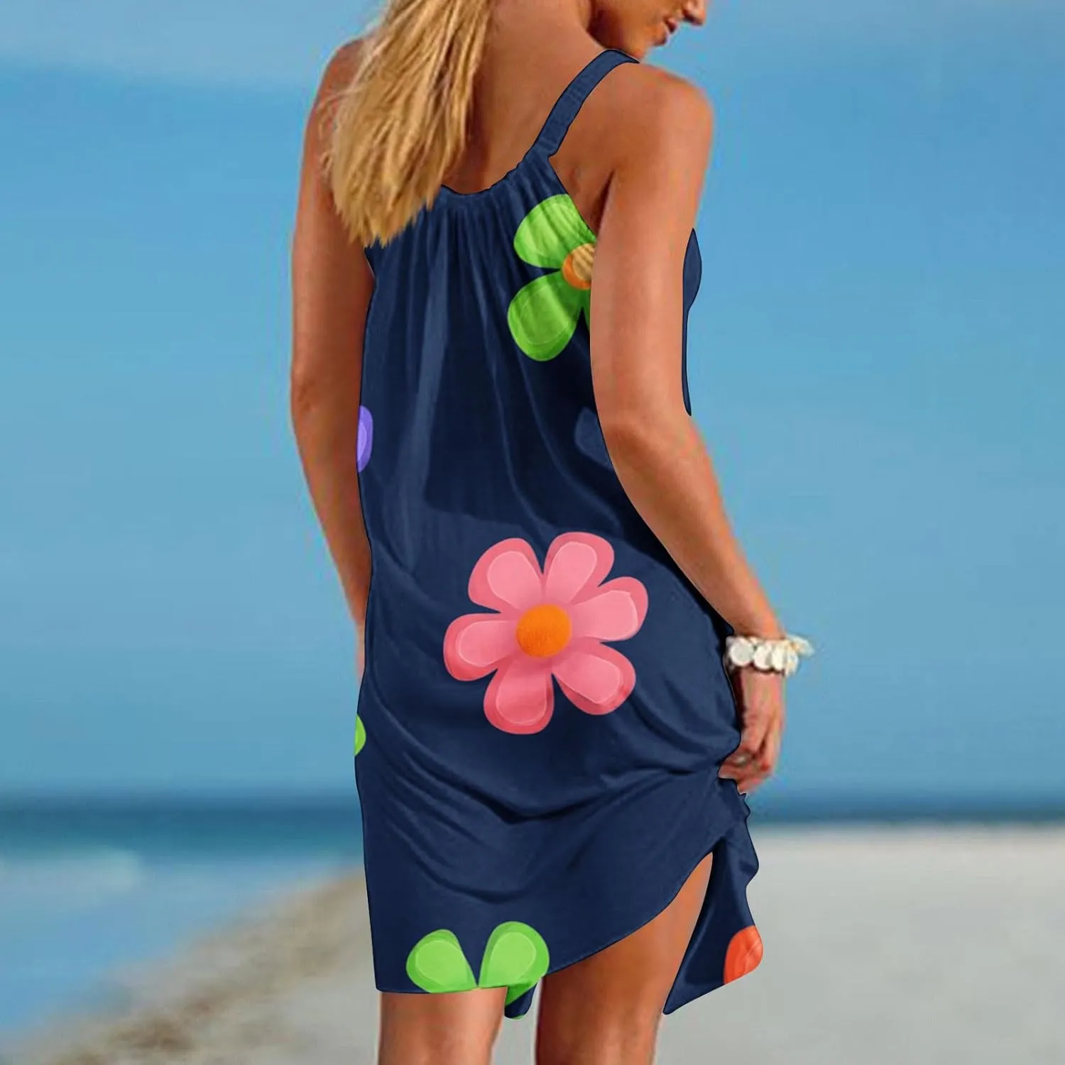 Summer Beach Vacation Dresses for Women Cute Floral Print Sleeveless Mini Dress Swing Tank Sundress Tshirt Dress