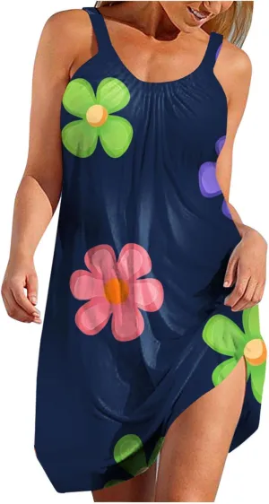 Summer Beach Vacation Dresses for Women Cute Floral Print Sleeveless Mini Dress Swing Tank Sundress Tshirt Dress
