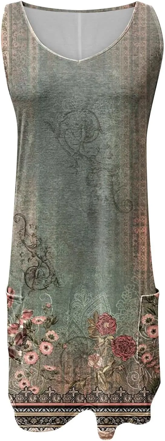 Summer Dresses for Women 2024 Casual Sleeveless Sundresses Fashion Floral Boho Dress Beach Cover Ups with Pockets