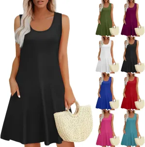 Summer Dresses for Women 2025 Casual Beach Boho U Neck Sleeveless Sundresses Vintage Flowy Tank Dress with Pockets