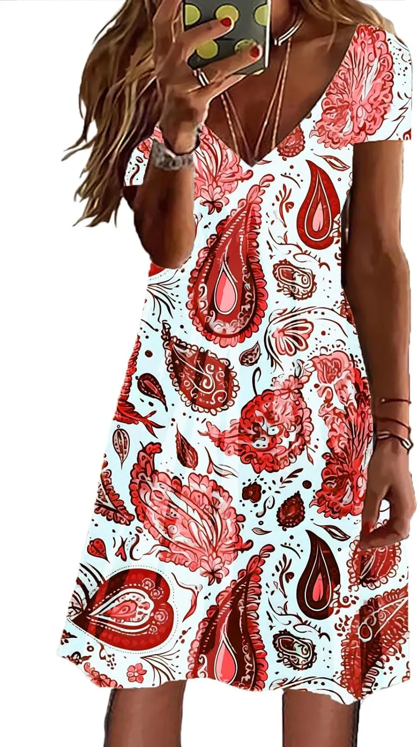 Summer Dresses for Women 2025 Loose V Neck Short Sleeve Casual T Shirt Dress Sundresses Floral Swimsuit Coverup