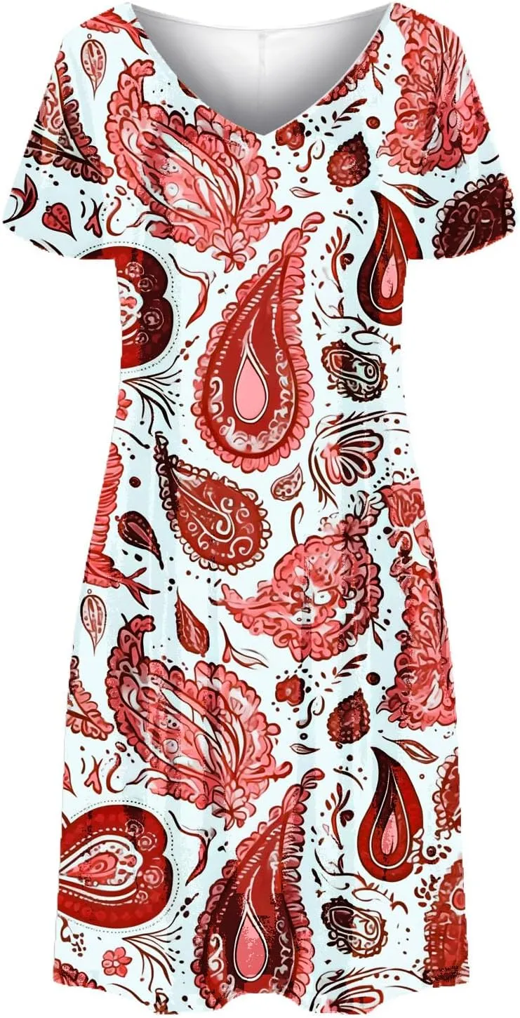 Summer Dresses for Women 2025 Loose V Neck Short Sleeve Casual T Shirt Dress Sundresses Floral Swimsuit Coverup