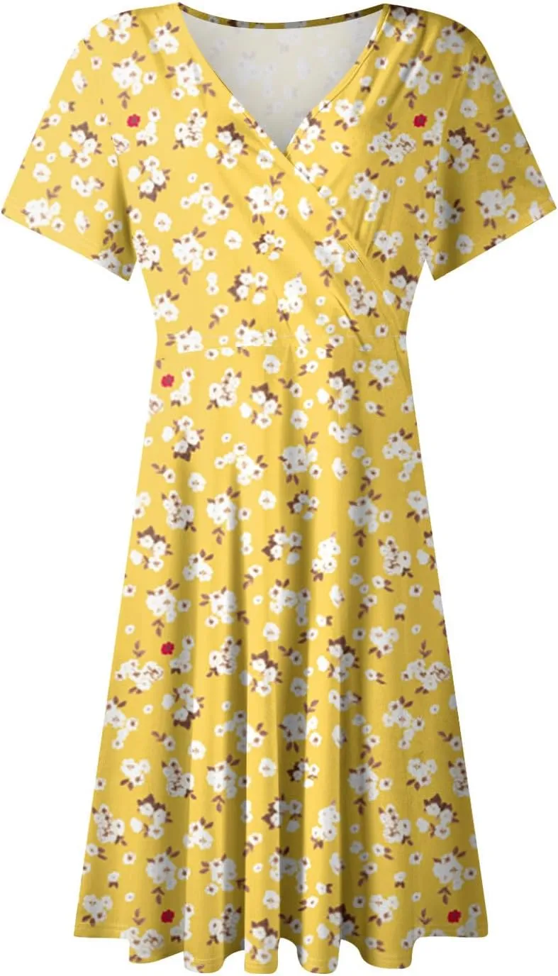 Summer Dresses for Women 2025 Short Sleeve V Neck Casual Flowy Boho Sundresses Floral A-Line Midi Hawaiian Dress