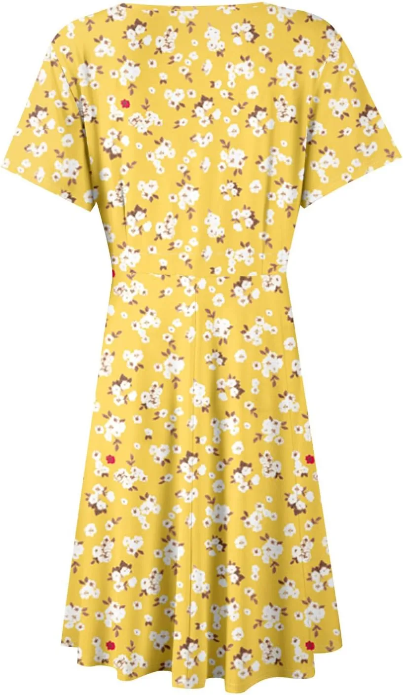 Summer Dresses for Women 2025 Short Sleeve V Neck Casual Flowy Boho Sundresses Floral A-Line Midi Hawaiian Dress