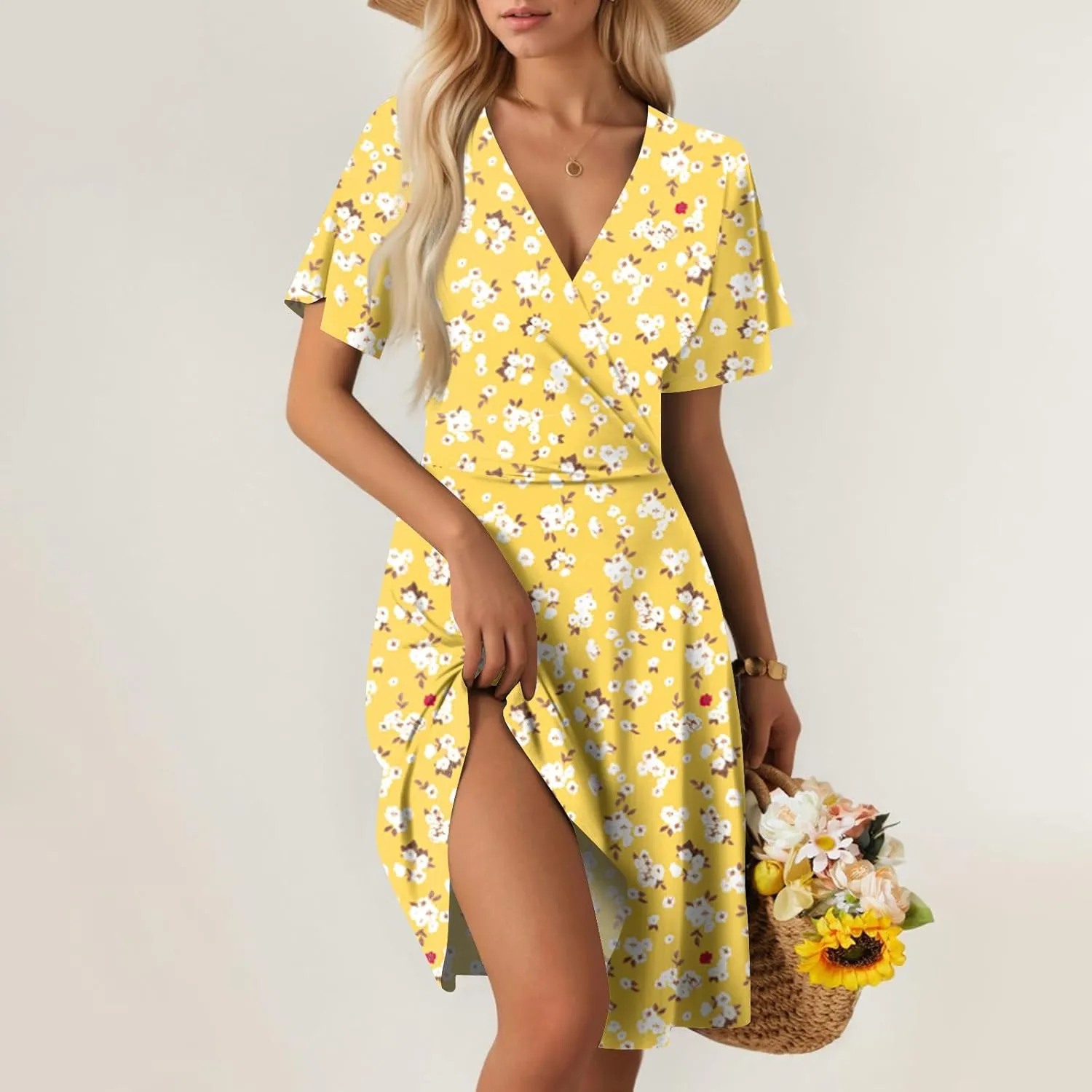 Summer Dresses for Women 2025 Short Sleeve V Neck Casual Flowy Boho Sundresses Floral A-Line Midi Hawaiian Dress