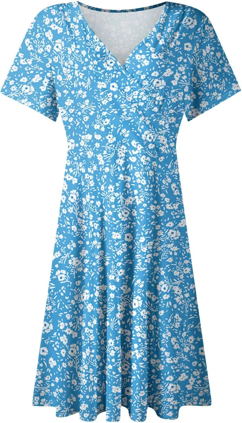 Summer Dresses for Women 2025 Short Sleeve V Neck Casual Flowy Boho Sundresses Floral A-Line Midi Hawaiian Dress