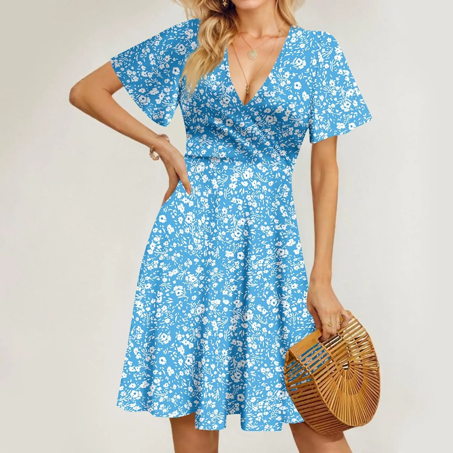 Summer Dresses for Women 2025 Short Sleeve V Neck Casual Flowy Boho Sundresses Floral A-Line Midi Hawaiian Dress