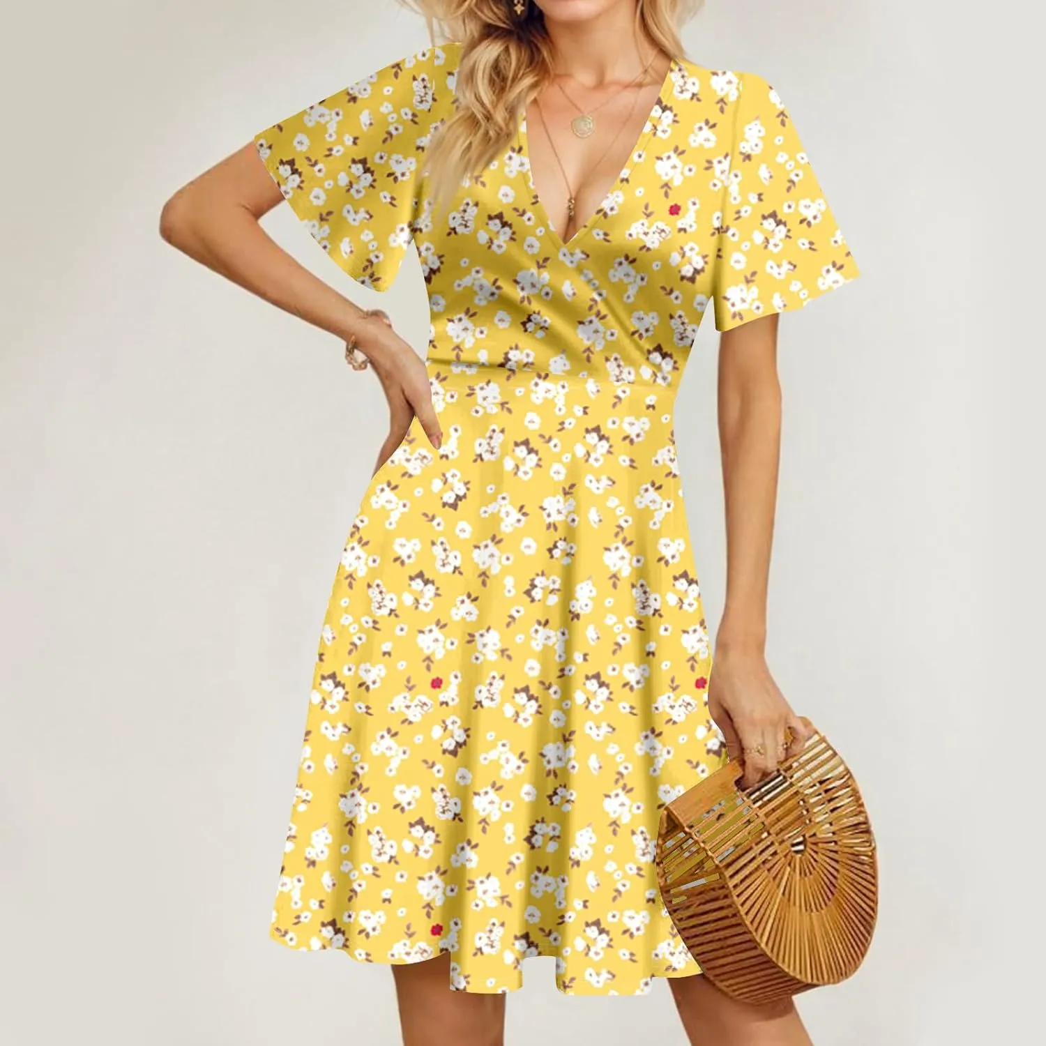 Summer Dresses for Women 2025 Short Sleeve V Neck Casual Flowy Boho Sundresses Floral A-Line Midi Hawaiian Dress