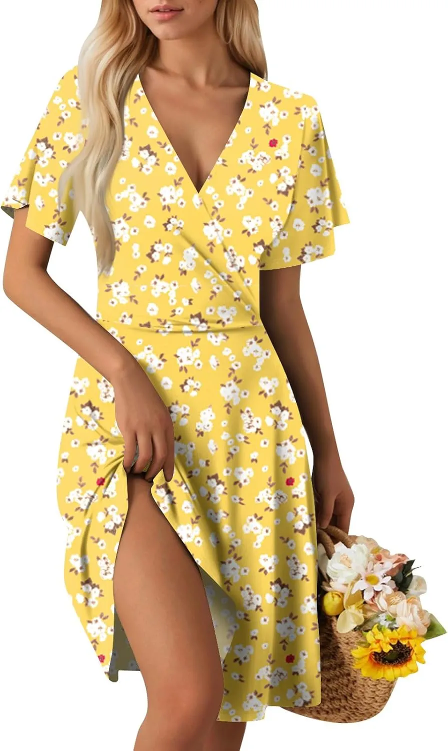 Summer Dresses for Women 2025 Short Sleeve V Neck Casual Flowy Boho Sundresses Floral A-Line Midi Hawaiian Dress