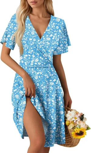 Summer Dresses for Women 2025 Short Sleeve V Neck Casual Flowy Boho Sundresses Floral A-Line Midi Hawaiian Dress