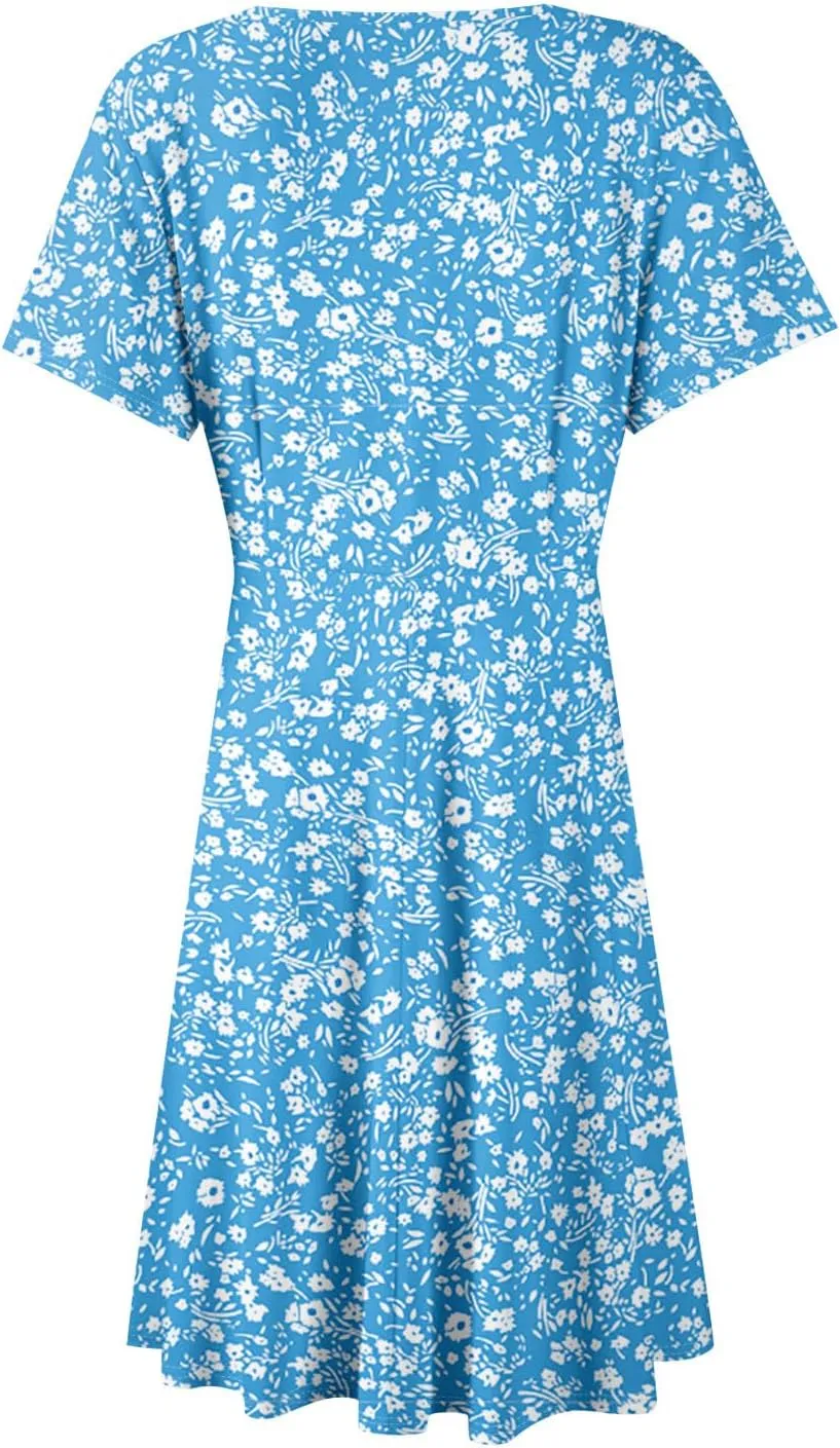 Summer Dresses for Women 2025 Short Sleeve V Neck Casual Flowy Boho Sundresses Floral A-Line Midi Hawaiian Dress