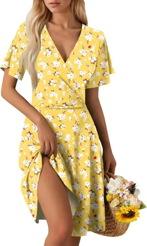Summer Dresses for Women 2025 Short Sleeve V Neck Casual Flowy Boho Sundresses Floral A-Line Midi Hawaiian Dress