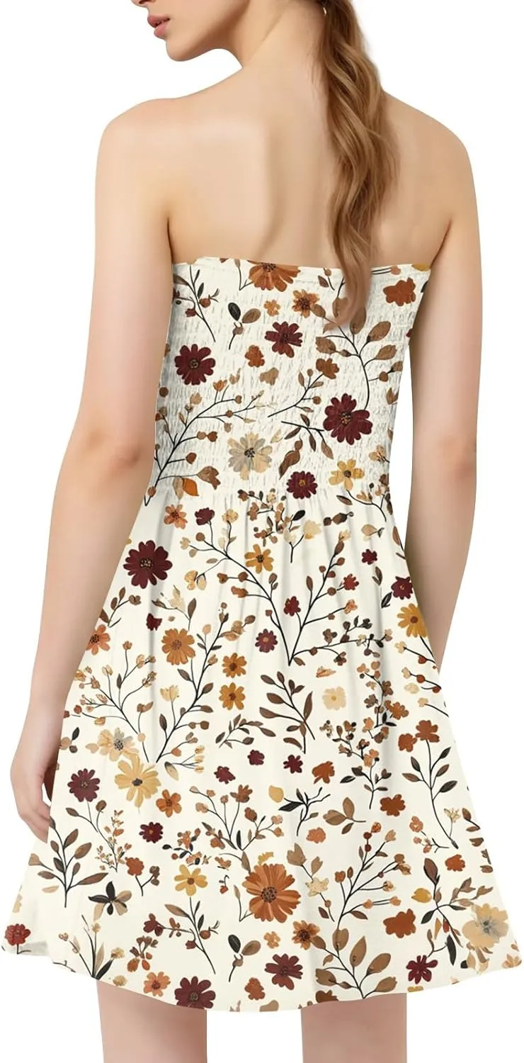 Summer Dresses for Women 2025 Strapless Floral Tube Dress Off shouldes Mini Boho Sundress Smocked Ruffle Sun Dress