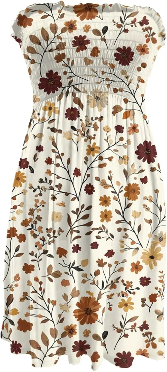 Summer Dresses for Women 2025 Strapless Floral Tube Dress Off shouldes Mini Boho Sundress Smocked Ruffle Sun Dress