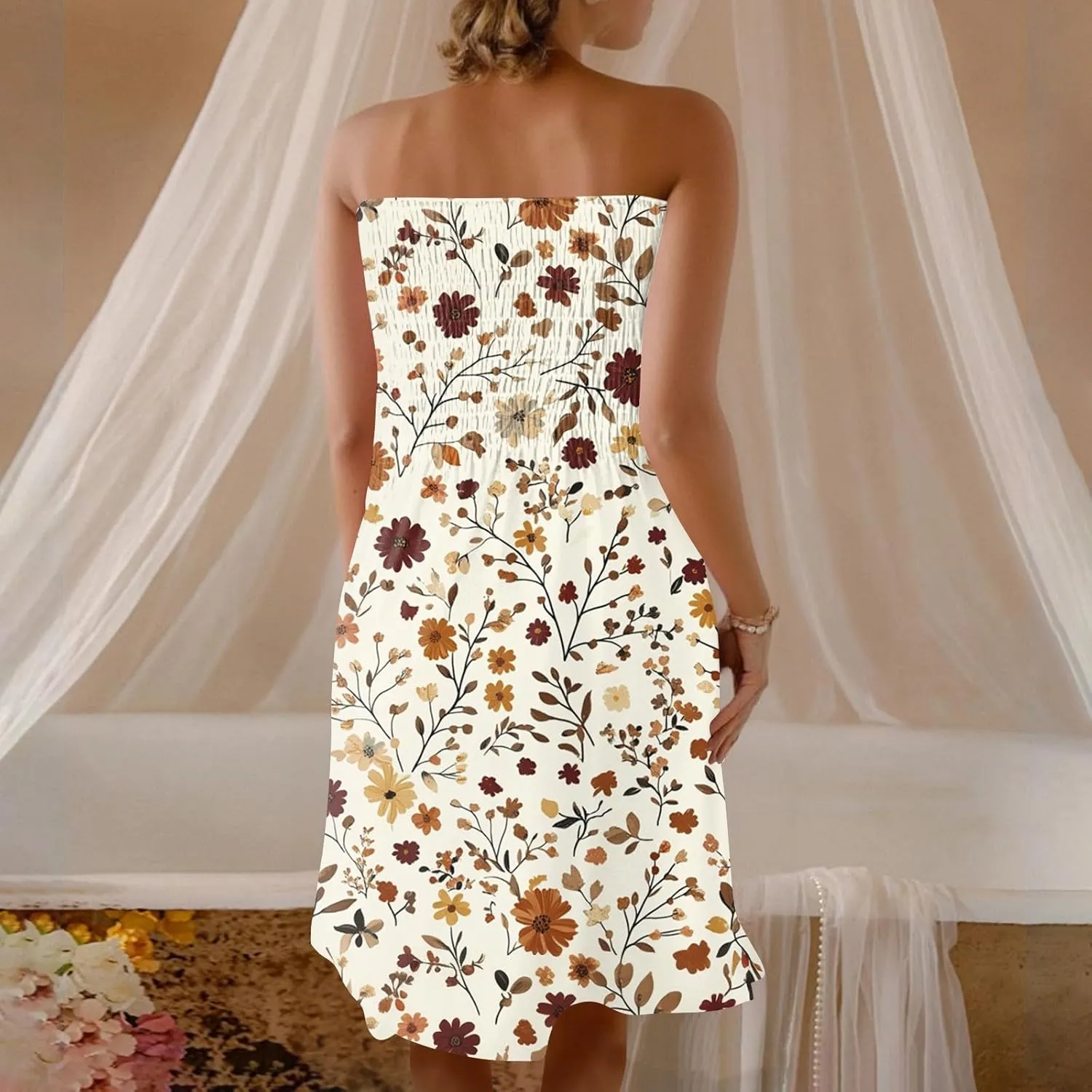 Summer Dresses for Women 2025 Strapless Floral Tube Dress Off shouldes Mini Boho Sundress Smocked Ruffle Sun Dress