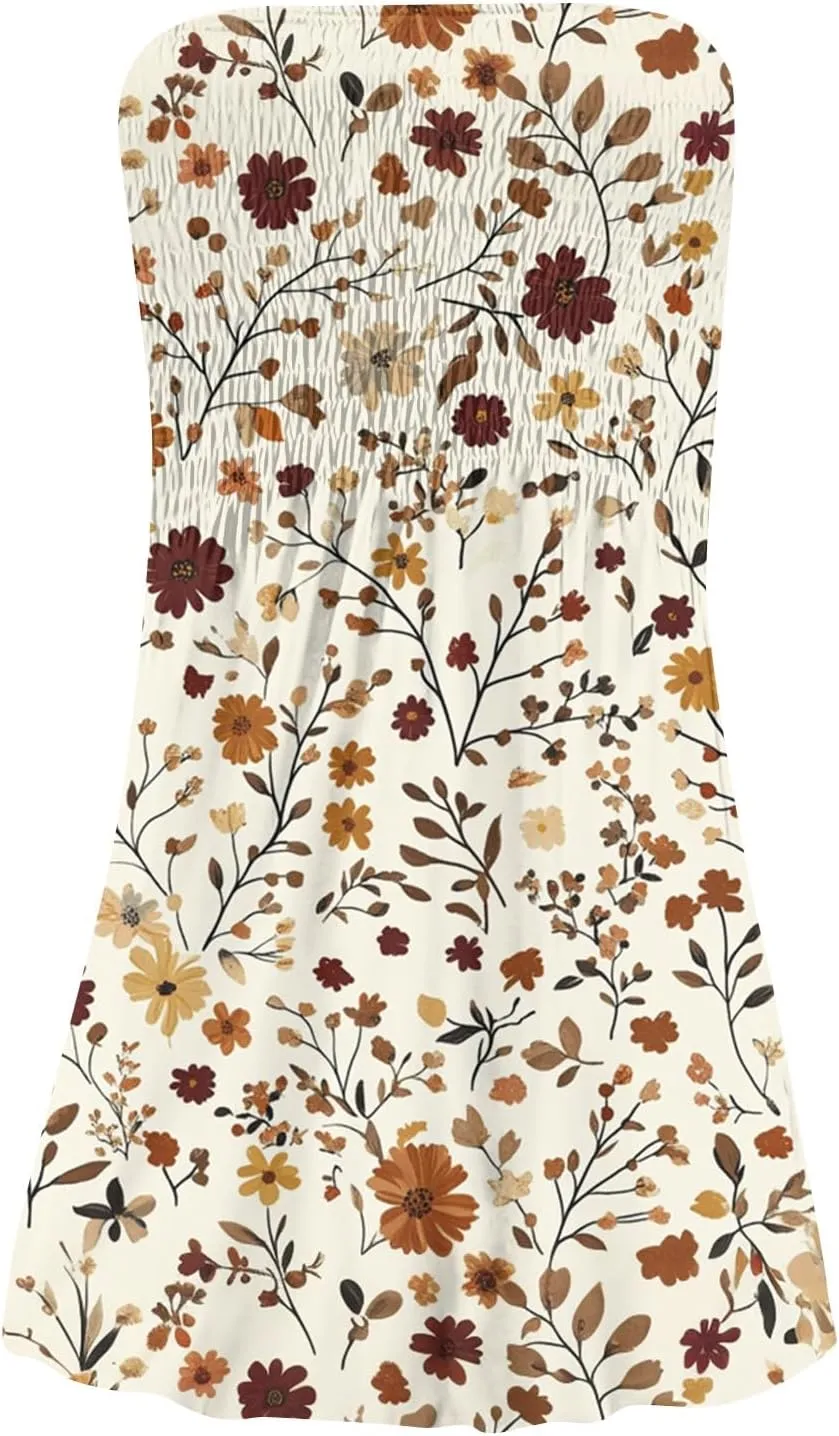 Summer Dresses for Women 2025 Strapless Floral Tube Dress Off shouldes Mini Boho Sundress Smocked Ruffle Sun Dress