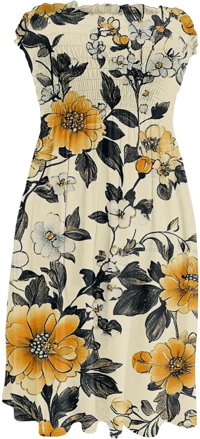Summer Dresses for Women Casual Beach Cover Ups Strapless Floral Print Sleeveless Boho Floral Sundress Plus Size